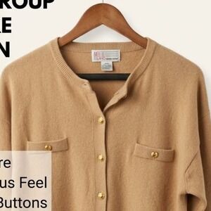 Vintage Milano‎ Design Group Tan Cardigan Gold Crest Buttons Acrylic XL Womens